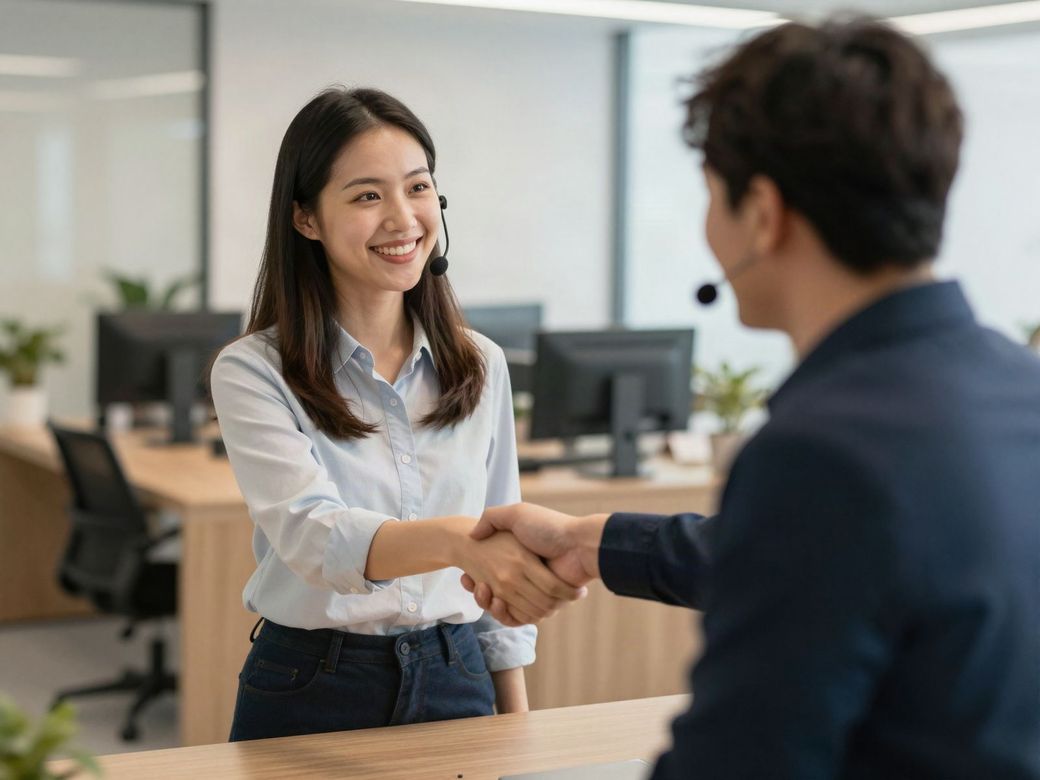 IT support specialist shaking hands with a business client in an office